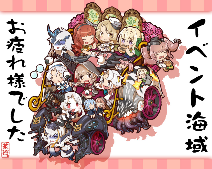 6+girls :3 absurdres air_defense_cruiser_hime akishimo_(kantai_collection) anchor_hair_ornament animal atlanta_(kantai_collection) autumn_leaves batavia_hime belt blonde_hair blue_hair blush braid breasts brown_belt brown_eyes brown_hair capelet chair chaki_(teasets) chibi closed_eyes commentary_request crack cup de_ruyter_(kantai_collection) drooling eating eyebrows_visible_through_hair fairy_(kantai_collection) fang food frown garrison_cap glasses gloves gotland_(kantai_collection) gradient_hair ground_vehicle hair_ornament hair_ribbon hamburger hat headgear highres hirato_(kantai_collection) holding holding_food hood hooded_capelet horn houston_(kantai_collection) kantai_collection koala leaf_hair_ornament long_hair long_sleeves multicolored_hair multiple_girls nautilus_(animal) ne-class_heavy_cruiser onigiri open_mouth partly_fingerless_gloves perth_(kantai_collection) red_eyes red_ribbon ribbon shinkaisei-kan shinshuu_maru_(kantai_collection) short_hair silver_hair sitting smile spikes tea tea_set teacup teapot translation_request twin_braids two_side_up vehicle violet_eyes wheel white_hair white_skin