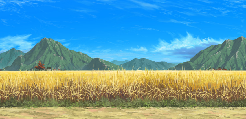 blue_sky building clouds day dirt field highres landscape megalobilly mountain mountainous_horizon no_humans original outdoors path scenery sky tree wheat wheat_field