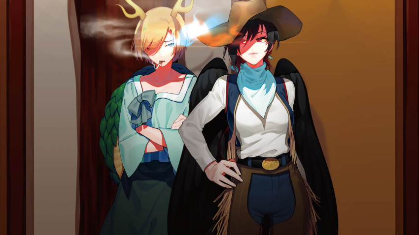 2girls bandana belt belt_buckle black_hair black_wings blonde_hair bow buckle chaps cigarette collarbone cowboy_hat cowboy_shot crossed_arms denim dragon_horns fringe_trim futoumeido hand_on_hip hat highres horns jeans kicchou_yachie kurokoma_saki long_sleeves multiple_girls one_eye_closed pants red_eyes smoke smoking touhou turtle_shell vest wings yellow_eyes