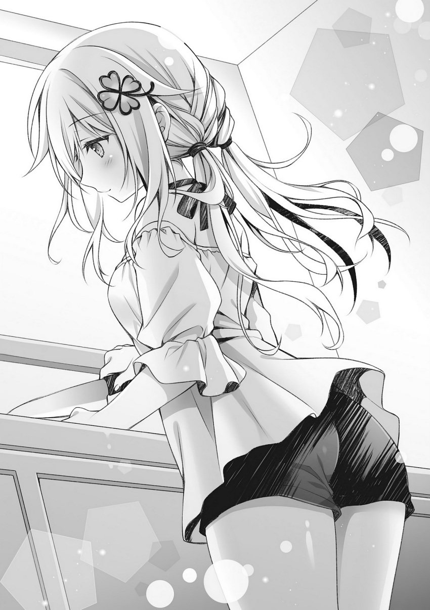 1girl bangs closed_mouth clover_hair_ornament cooking cowboy_shot dousei_kara_hajimaru_otaku_kanojo_no_tsukurikata eyebrows_visible_through_hair floating_hair from_below greyscale hair_between_eyes hair_ornament highres holding holding_knife knife lens_flare long_hair low_ponytail monochrome nishina_kokoro novel_illustration off-shoulder_shirt off_shoulder official_art profile shirt short_shorts shorts smile solo standing tatekawa_mako twintails