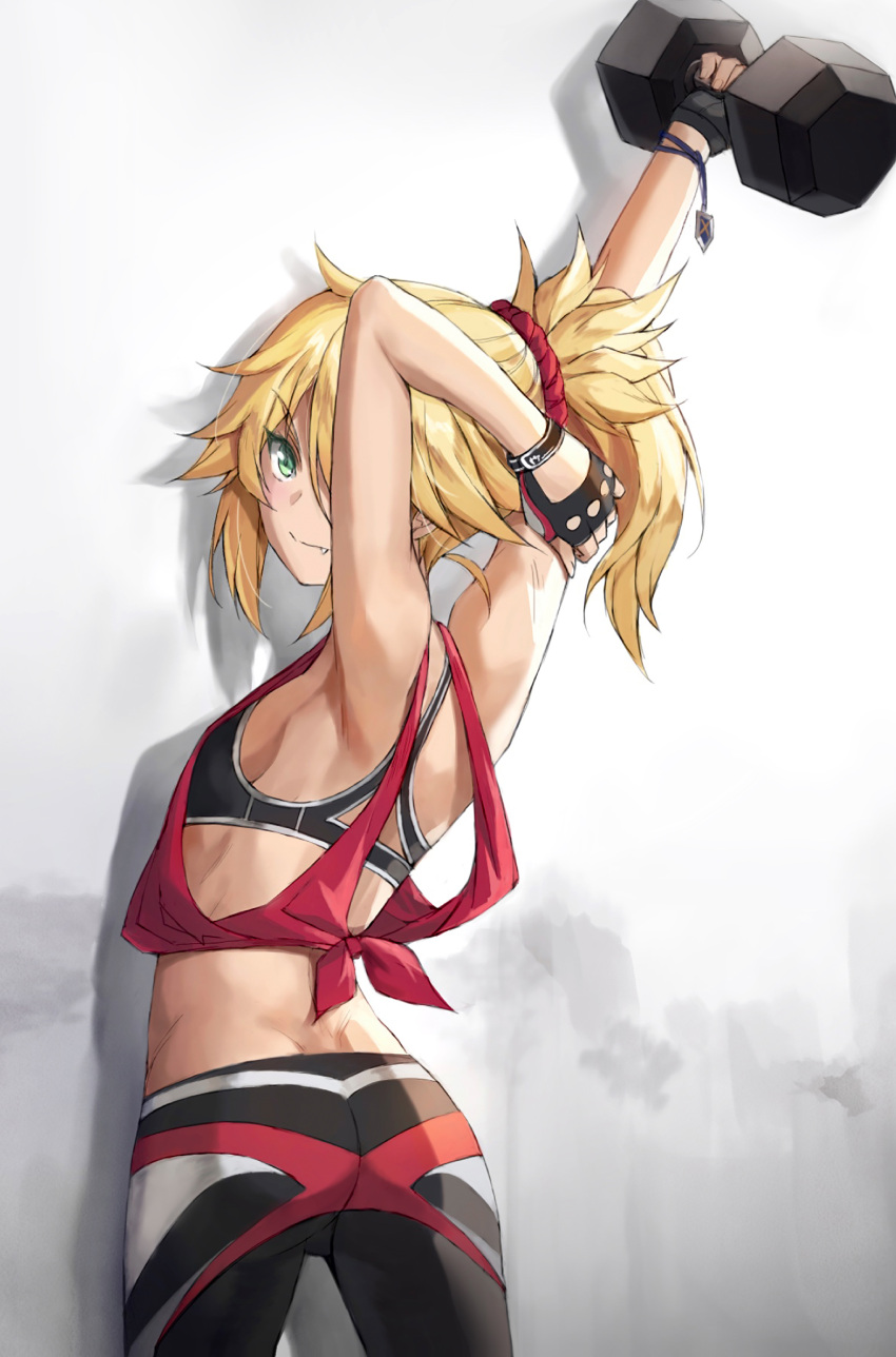 1girl absurdres arm_up ass back bangs bare_shoulders black_bra black_gloves blonde_hair bra braid breasts closed_mouth dumbbell fang fate/apocrypha fate_(series) fingerless_gloves french_braid gloves green_eyes hair_ornament hair_scrunchie highres long_hair looking_at_viewer looking_back mordred_(fate) mordred_(fate)_(all) parted_bangs ponytail scrunchie sidelocks simple_background small_breasts solo sports_bra tonee underwear white_background