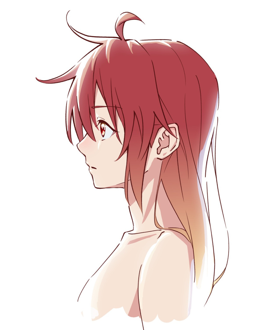 1girl ahoge alternate_hairstyle anco8pizz bangs collarbone commentary cropped_shoulders expressionless from_side highres kasane_teto medium_hair nude parted_lips profile red_eyes redhead simple_background solo utau white_background