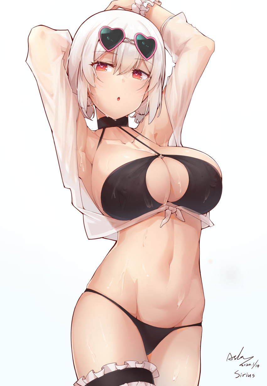 1girl :o absurdres armpits arms_up azur_lane bangs bikini black_bikini blush breasts character_name cleavage_cutout collar commentary_request cowboy_shot crop_top dated eyebrows_visible_through_hair eyewear_on_head front-tie_top halter_top halterneck highres large_breasts leg_garter long_sleeves looking_at_viewer navel open_clothes parted_lips pink-framed_eyewear red_eyes short_hair signature simple_background sirius_(midsummer_seirios)_(azur_lane) skindentation solo stomach sunglasses sweat swimsuit white_background white_hair yukikiri