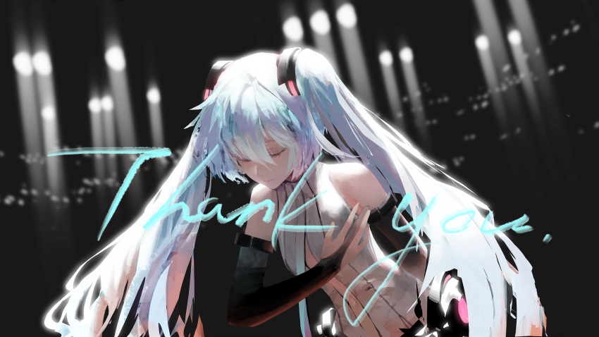 1girl absurdres arm_behind_back backlighting bare_shoulders black_sleeves blue_hair bowing bridal_gauntlets closed_eyes commentary detached_sleeves english_text hair_ornament hand_on_own_chest hatsune_miku highres leaning_forward lips long_hair miku_append navel navel_cutout rsef shirt sleeveless sleeveless_shirt solo spotlight thank_you twintails upper_body very_long_hair vocaloid vocaloid_append