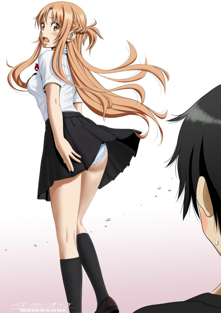 1boy 1girl ass asuna_(sao) bangs black_hair black_legwear black_shirt black_skirt blush braid brown_eyes brown_hair crown_braid embarrassed floating_hair hair_between_eyes highres kirito kneehighs long_hair looking_at_viewer looking_back miniskirt nawosuke neck_ribbon open_mouth panties pleated_skirt red_ribbon ribbon shiny shiny_hair shirt short_sleeves simple_background skirt sweatdrop sword_art_online underwear very_long_hair white_background white_panties white_shirt