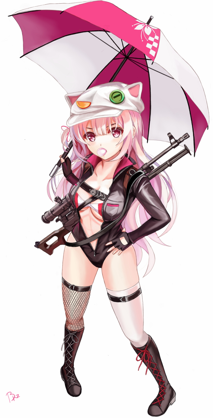 1girl absurdres boots brz girls_frontline highres long_hair pink_eyes pink_hair racequeen thigh-highs thigh_boots ukm-2000