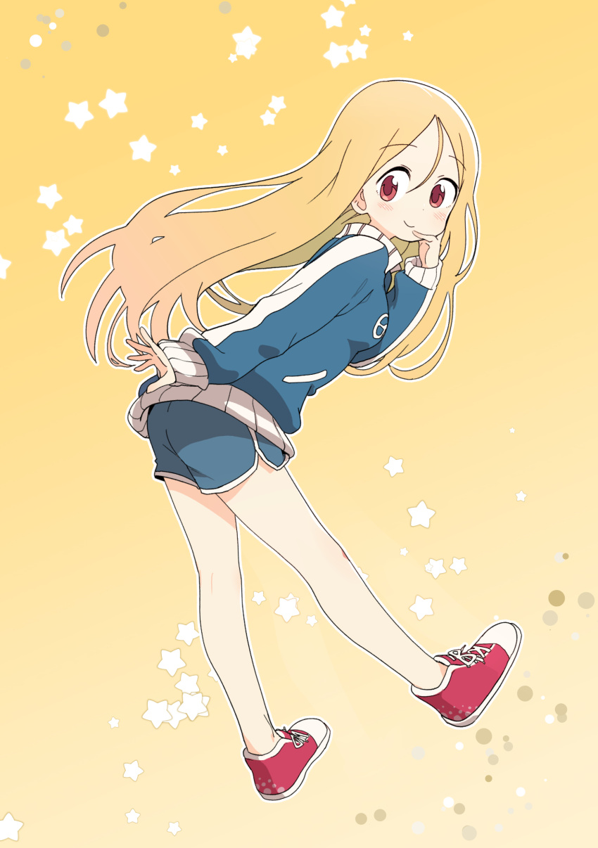 1girl absurdres blonde_hair blue_shorts blush bural_chingu full_body gym_shorts hair_between_eyes highres jacket lee_ji-min looking_at_viewer looking_back luke_(dydansgur) red_eyes red_footwear red_shorts shoes short_shorts shorts smile sneakers solo star track_jacket yellow_background