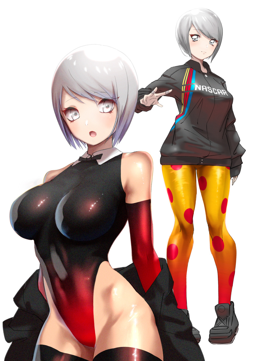 1girl :o absurdres black_footwear black_gloves black_jacket black_neckwear bow bowtie breasts covered_navel elbow_gloves gloves grey_eyes highres huge_filesize jacket jewelry karakuri_circus large_breasts leotard multiple_views polka_dot polka_dot_legwear ring shirogane_(karakuri_circus) shoes short_hair silver_hair sleeveless smile standing thigh-highs