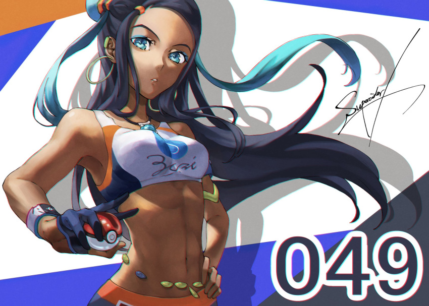1girl asymmetrical_gloves black_hair blue_eyes blue_gloves blue_hair breasts dark_skin floating_hair gloves half_gloves hand_on_hip highres holding holding_poke_ball jewelry long_hair multicolored_hair navel necklace parted_lips poke_ball pokemon pokemon_(game) pokemon_swsh rurina_(pokemon) shadow signature single_glove small_breasts solo sports_bikini standing two-tone_hair upper_body very_long_hair w-moz9-w white_bikini_top wristband