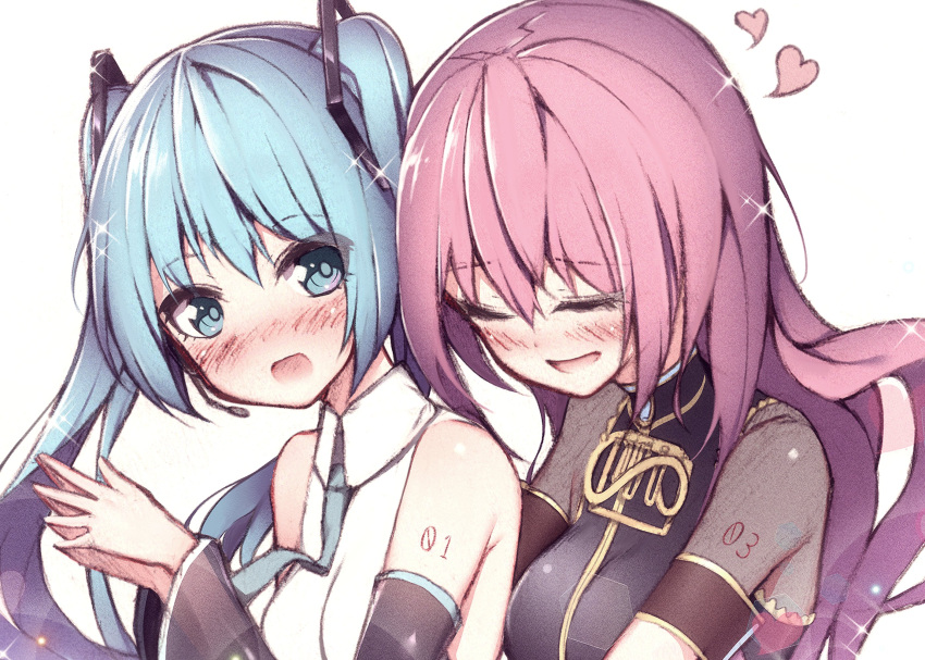 2girls aqua_eyes aqua_hair aqua_neckwear armband bare_shoulders black_shirt black_sleeves blush breasts closed_eyes commentary detached_sleeves giryu gold_trim hair_ornament hands_together hatsune_miku heart highres long_hair looking_at_another medium_breasts megurine_luka multiple_girls necktie open_mouth pink_hair see-through shiny shiny_hair shirt shoulder_tattoo sleeveless sleeveless_shirt smile sparkle tattoo twintails upper_body vocaloid white_background white_shirt yuri