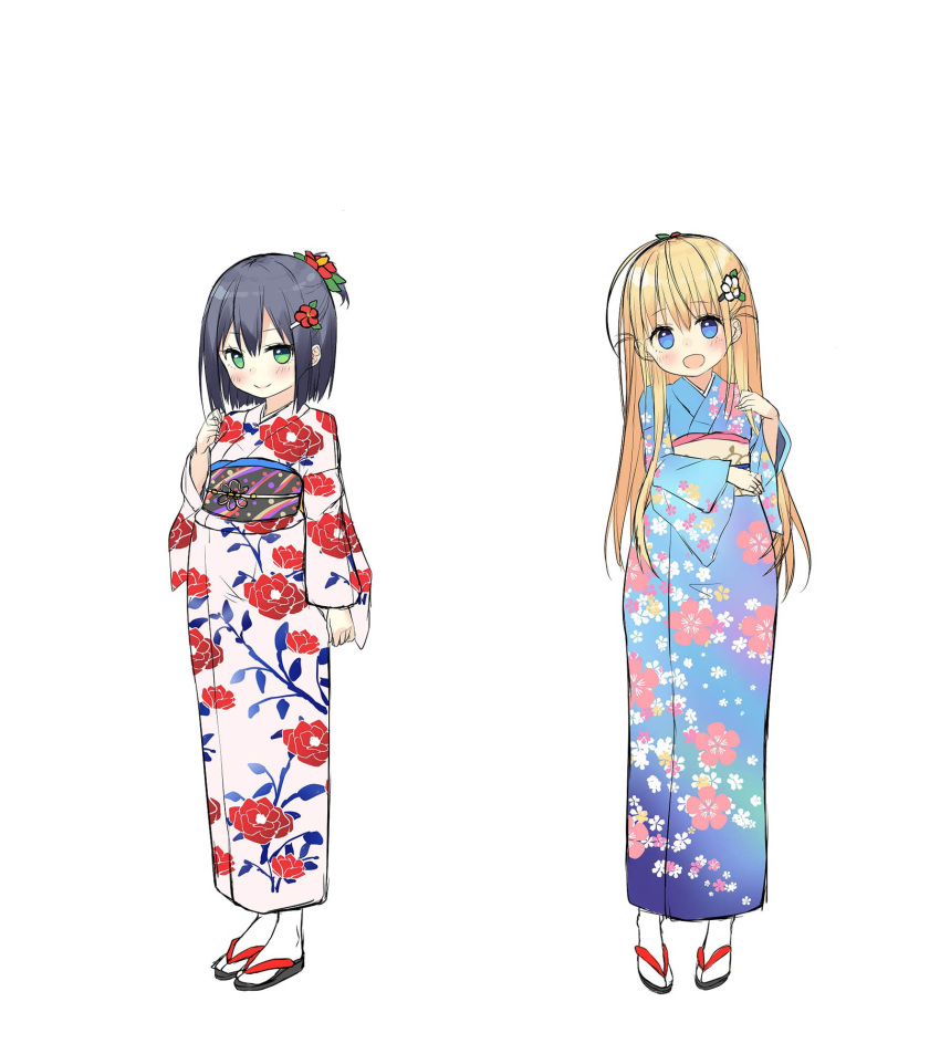 2girls :d :o arm_at_side asa_no_ha black_hair blonde_hair blue_eyes blush floral_print flower green_eyes hair_flower hair_ornament hand_up highres japanese_clothes kimono kugai_(mimikaki_rifure) long_hair looking_at_viewer mimikaki_rifure multiple_girls obi official_art open_mouth sandals sash shinobu_(mimikaki_rifure) short_hair simple_background sketch smile standing white_background white_legwear