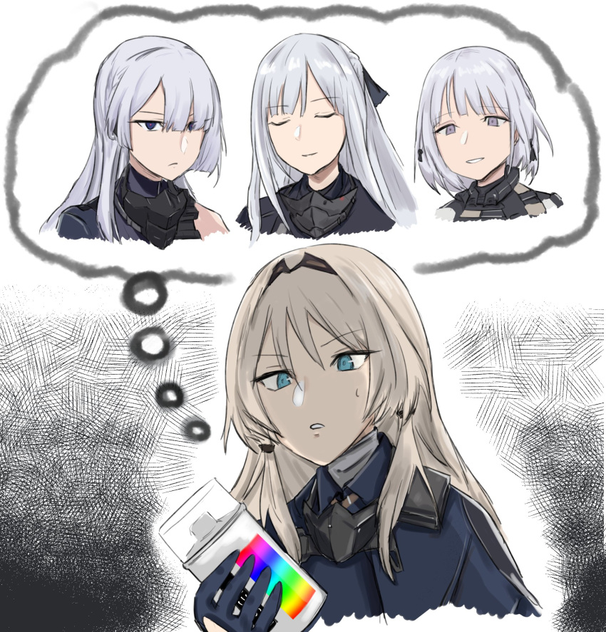 1ch 4girls ak-12_(girls_frontline) ak-15_(girls_frontline) an-94_(girls_frontline) bangs blue_eyes closed_eyes closed_mouth commentary_request eyebrows_visible_through_hair gas_mask girls_frontline highres holding long_hair mask_around_neck multiple_girls rpk-16_(girls_frontline) silver_hair thought_bubble