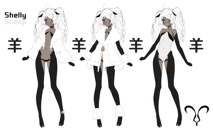 1girl absurdres ahoge animal_ears blush breasts capelet character_name character_sheet closed_mouth collarbone dark_skin flower full_body green_eyes grin groin hair_flower hair_ornament highres long_hair long_sleeves multiple_views navel open_mouth original pom_pom_(clothes) ribs see-through sheep_ears sheep_girl simple_background small_breasts smile standing takanashi_kei_(hitsujikan) thighs twintails white_background white_hair