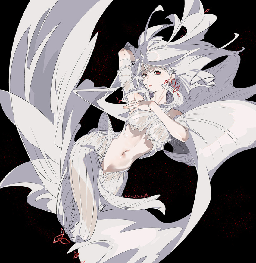 arm_up armpits bare_shoulders black_background breasts dress earrings floating hair_between_eyes highres jewelry large_breasts long_hair navel open_mouth original pink_lips red_eyes see-through signature simple_background umishima_senbon white_dress white_hair