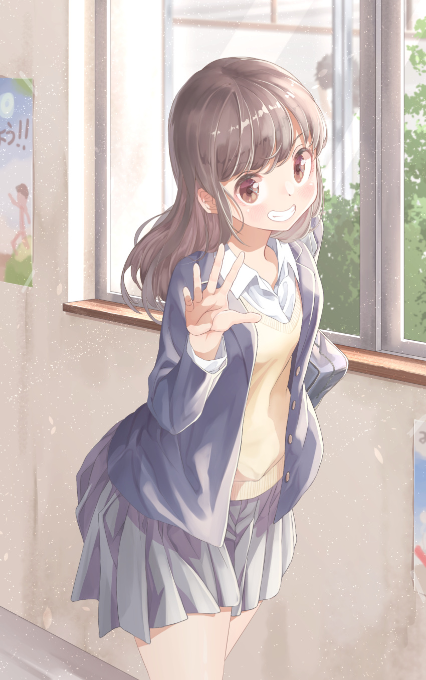 12_graka 1girl absurdres bag bangs blush bookbag brown_eyes brown_hair day hand_up highres indoors original poster_(object) school_uniform smile solo standing sweater_vest uniform window