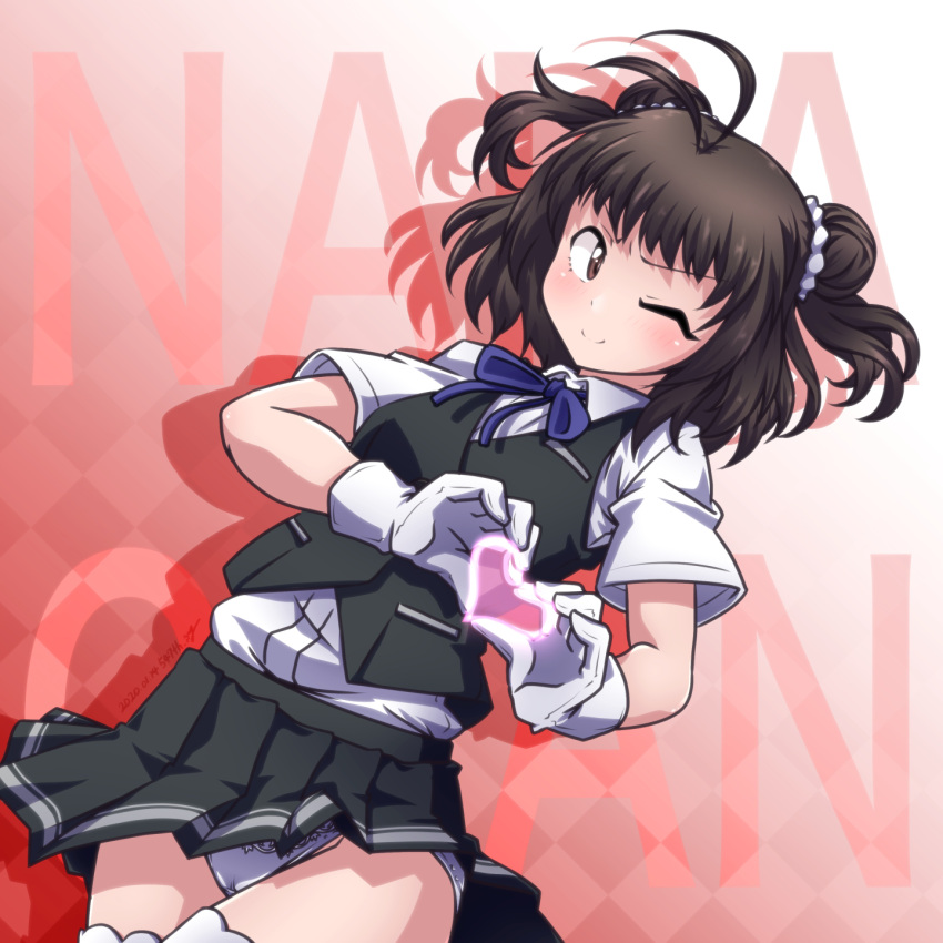 1girl 547th_sy antenna_hair background_text bangs black_vest blush brown_eyes brown_hair character_name cosplay double_bun gloves heart heart_hands highres kantai_collection kuroshio_(kantai_collection) kuroshio_(kantai_collection)_(cosplay) naka_(kantai_collection) neck_ribbon one_eye_closed panties pleated_skirt red_background remodel_(kantai_collection) ribbon shirt short_hair short_sleeves skirt smile solo thigh-highs underwear vest white_gloves white_panties white_shirt