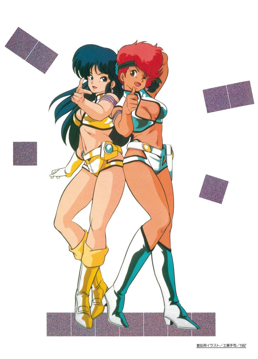 1980s_(style) absurdres arm_behind_head arm_up armlet bangs blue_eyes blue_hair boots dark-skinned_female dark_skin dirty_pair earrings full_body gloves headband highres holster jewelry kei_(dirty_pair) knee_boots long_hair navel official_art one_eye_closed open_mouth pointing red_eyes redhead retro_artstyle scan short_hair side-by-side single_glove standing thumbs_up yuri_(dirty_pair)