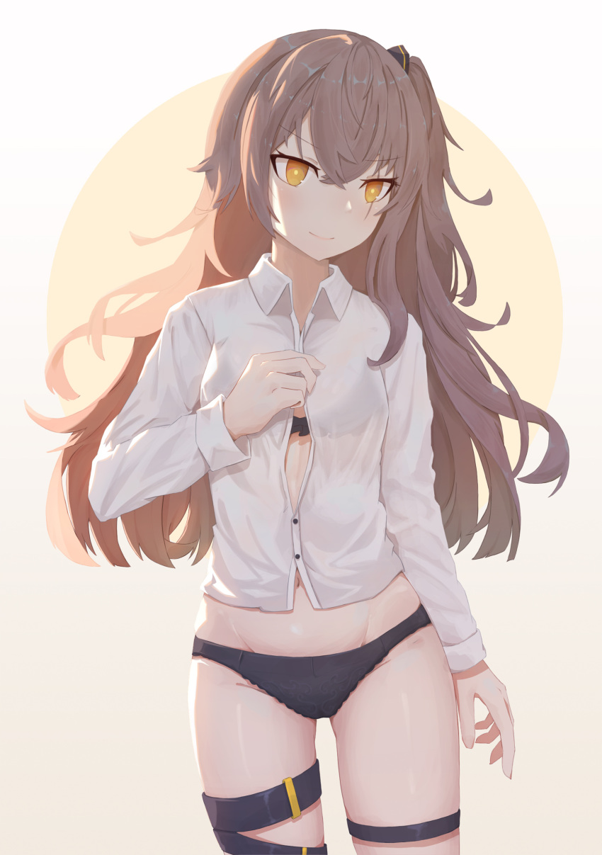 &gt;:) 1girl absurdres arm_at_side bangs black_bra black_panties blush bra brown_hair closed_mouth collared_shirt commentary cowboy_shot eyebrows_visible_through_hair flat_chest girls_frontline highres long_hair long_sleeves navel no_pants one_side_up open_clothes open_shirt orange_eyes panties see-through shirt smile solo thigh_strap two-tone_background twtnw ump45_(girls_frontline) underwear v-shaped_eyebrows very_long_hair white_shirt wing_collar