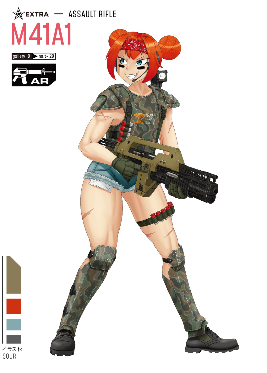 1girl absurdres aliens bandana bare_arms boots combat_boots cutoff_jeans cutoffs denim denim_shorts double_bun face_painting girls_frontline gloves green_eyes headset highres m41a_pulse_rifle mushroom_cloud orange_hair original pauldrons scarf shin_guards shorts shotgun_shells solo the_sourkraut thigh_strap thighs vest white_background