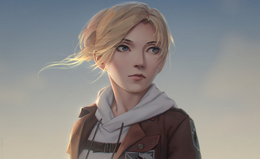 1girl annie_leonhardt bangs blonde_hair blue_eyes closed_mouth day facing_viewer highres hood hood_down lips looking_to_the_side miura-n315 outdoors paradis_military_uniform shingeki_no_kyojin short_hair solo uniform upper_body wind