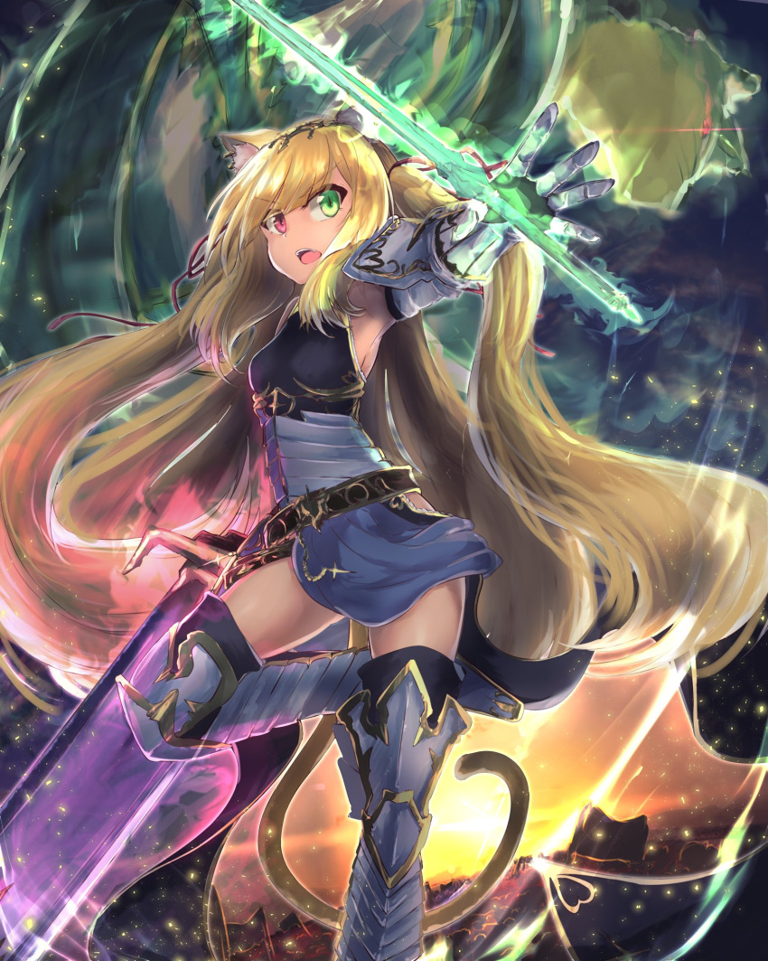 1girl animal animal_on_shoulder backlighting bad_id bad_twitter_id bangs belt black_belt black_sky blonde_hair boots chain clouds cloudy_sky cross dress earrings energy_sword eyebrows_visible_through_hair fang gauntlets gloves greaves green_eyes grey_dress grey_footwear grey_gloves heterochromia highres holding holding_sword holding_weapon huge_weapon jewelry karu_(ricardo_2628) leg_up light_particles long_hair looking_at_viewer open_mouth original outdoors pauldrons red_eyes short_dress sky sleeveless sleeveless_dress solo sparkle standing standing_on_one_leg sunset sword tail thigh-highs thigh_boots tiara very_long_hair weapon