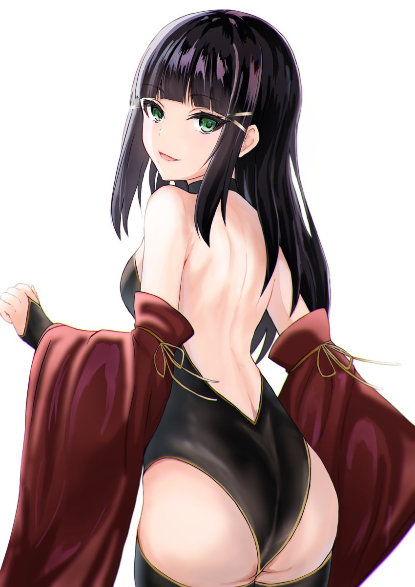 1girl :d ass backless_outfit bangs black_hair black_legwear black_leotard blunt_bangs breasts bridal_gauntlets choker cowboy_shot detached_sleeves eyebrows_visible_through_hair from_behind green_eyes hair_ornament hems5288 highres kurosawa_dia leotard long_hair long_sleeves looking_at_viewer love_live! love_live!_sunshine!! medium_breasts mole mole_under_mouth open_mouth red_sleeves shiny shiny_hair shoulder_blades sideboob simple_background smile solo standing striped_leotard thigh-highs white_background wide_sleeves
