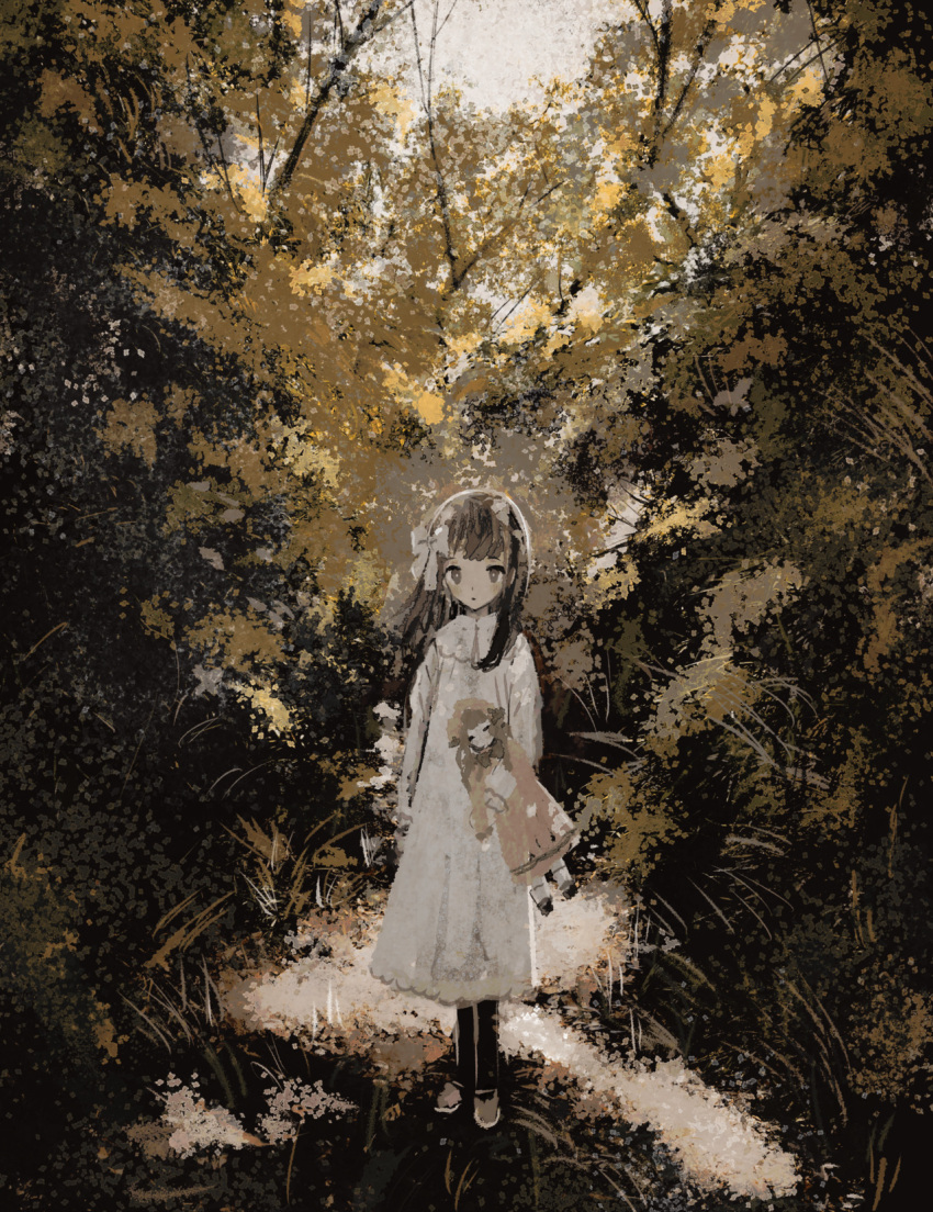 1girl bangs bow brown_eyes brown_hair doll dress grass hair_bow highres holding holding_doll kotoshino long_hair long_sleeves muted_color original outdoors plant solo tree white_bow white_dress wide_shot