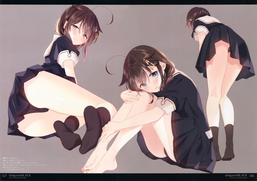 1girl absurdres ahoge bangs barefoot black_legwear black_panties black_skirt blue_eyes blush brown_hair closed_mouth eyebrows_visible_through_hair from_behind full_body grey_background hair_flaps hair_ornament highres huge_filesize kantai_collection knees_up naoto_(tulip) no_shoes panties pleated_skirt remodel_(kantai_collection) sailor_collar scan school_uniform serafuku shigure_(kantai_collection) short_sleeves simple_background skirt socks solo thighs toes underwear