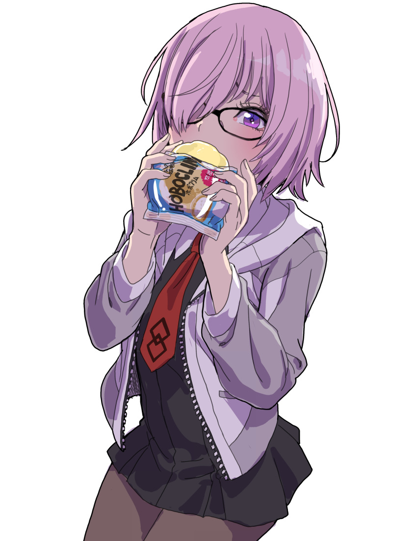 1girl absurdres black-framed_eyewear black_dress black_legwear collared_dress commentary cowboy_shot dress eating fate/grand_order fate_(series) food glasses grey_background hair_over_one_eye highres holding holding_food jacket looking_at_viewer mash_kyrielight necktie open_clothes open_jacket pantyhose pleated_dress purple_hair red_neckwear short_dress short_hair simple_background solo standing translation_request violet_eyes white_background yamashita_shun'ya