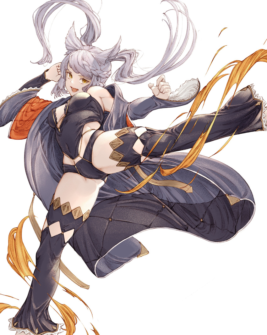 1214_goldfische 1girl absurdres animal_ears breasts brown_eyes covered_navel detached_pants erune fraux granblue_fantasy grey_hair highres kicking leotard medium_breasts robe twintails white_background