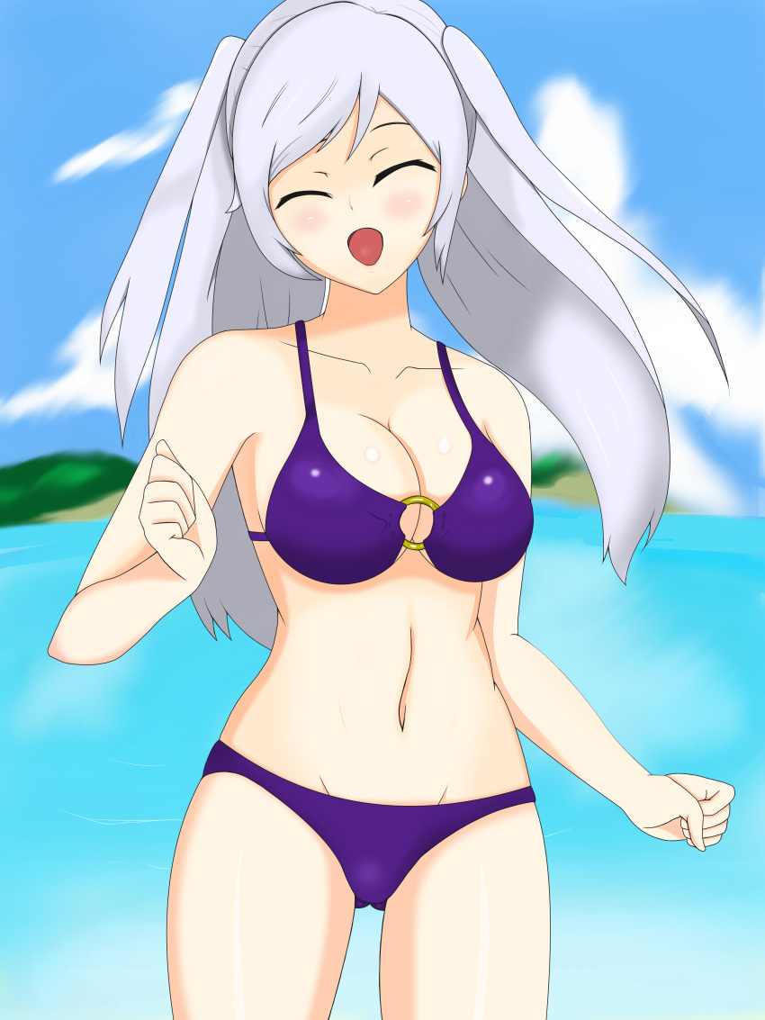 1girl beach bikini closed_eyes cute female_my_unit_(fire_emblem:_kakusei) fire_emblem fire_emblem:_kakusei fire_emblem_13 fire_emblem_awakening intelligent_systems long_hair moe my_unit_(fire_emblem:_kakusei) navel nintendo o-ring_bikini ocean open_mouth outdoors purple_bikini reflet robin_(fire_emblem) robin_(fire_emblem)_(female) smile solo summer swimsuit twintails water white_hair yoshioka_yoshio