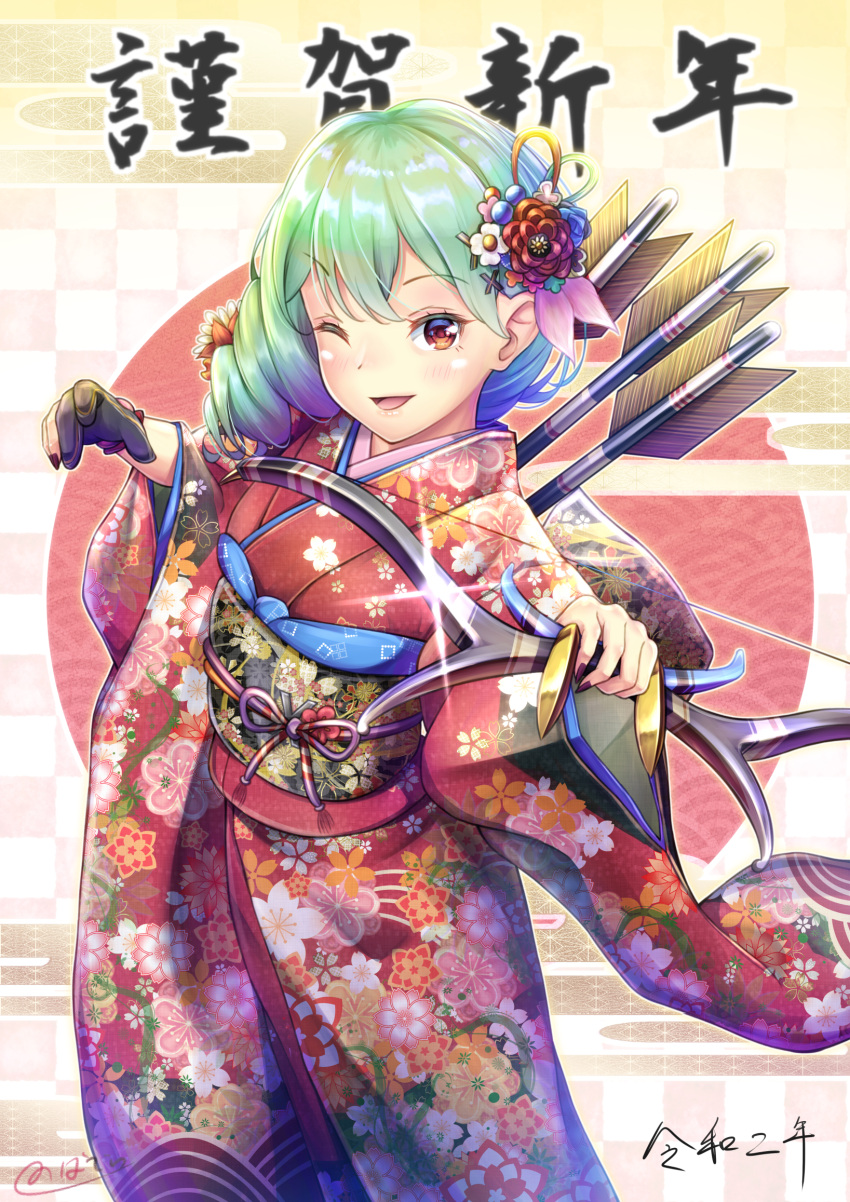 1girl arrow bangs blush bow_(weapon) brown_eyes commentary_request floral_print flower green_hair hair_flower hair_ornament highres japanese_clothes kanzashi kimono long_sleeves looking_at_viewer medium_hair new_year nobady obi one_eye_closed open_mouth original sash smile solo weapon wide_sleeves