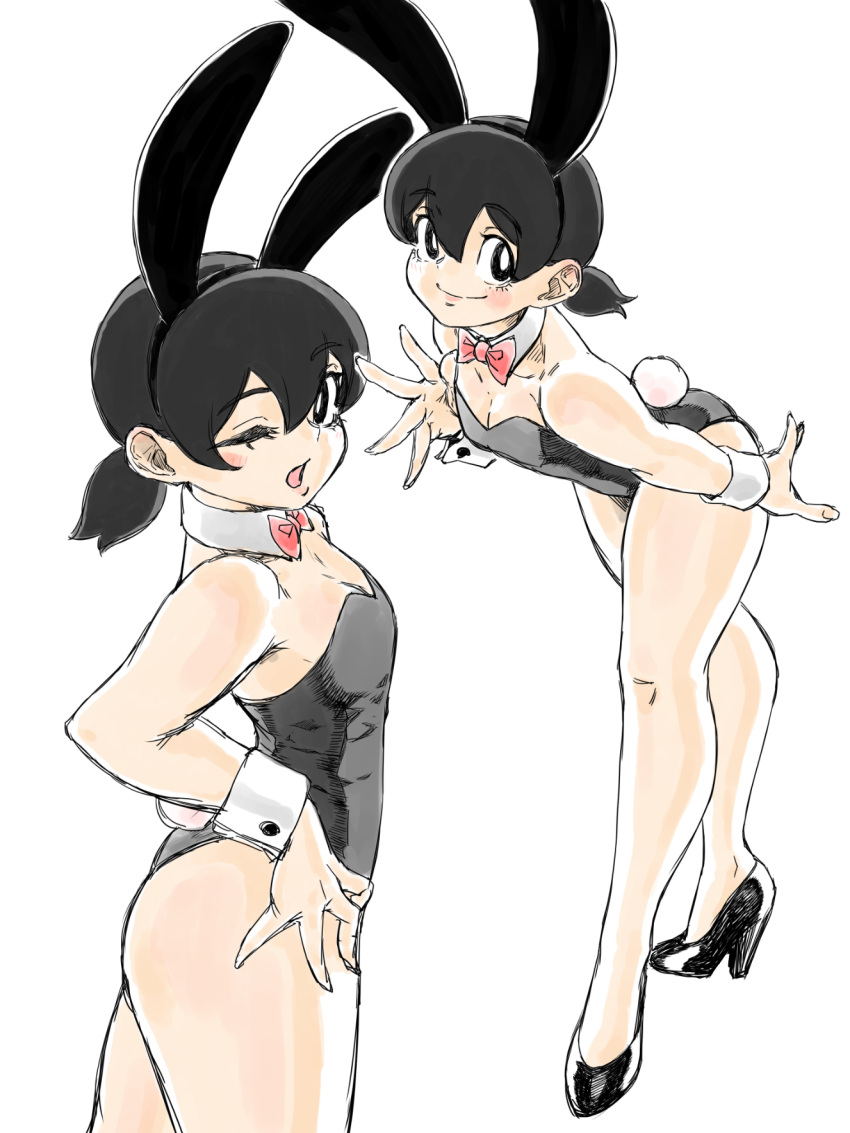 1girl animal_ears asimatosinosin ass bare_legs black_eyes black_footwear black_hair black_leotard bow bowtie bunny_tail check_commentary commentary_request cowboy_shot cuffs doraemon flat_chest full_body hair_between_eyes high_heels highres leotard looking_at_viewer medium_hair minamoto_shizuka multiple_views one_eye_closed open_mouth partial_commentary rabbit_ears red_neckwear short_ponytail simple_background smile tail white_background