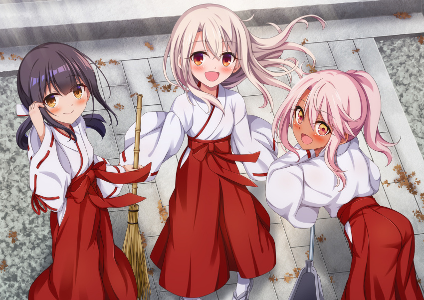 3girls ass bangs black_hair blush breasts broom brown_eyes chloe_von_einzbern closed_mouth dark_skin fate/kaleid_liner_prisma_illya fate_(series) hair_between_eyes hakama highres illyasviel_von_einzbern japanese_clothes kimono long_hair long_sleeves looking_at_viewer miko miyu_edelfelt morokoshi_(tekku) multiple_girls open_mouth orange_eyes pink_hair ponytail red_eyes red_hakama ribbon-trimmed_sleeves ribbon_trim sandals sidelocks small_breasts smile socks twintails white_hair white_kimono wide_sleeves