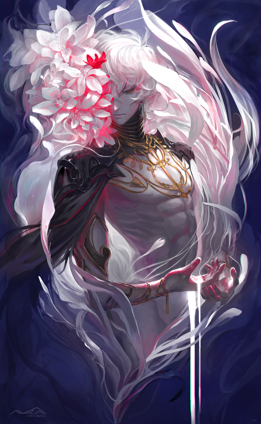 1boy abs armlet artist_name bangs black_cape blue_background bracelet cape closed_mouth coin_(ornament) commentary_request cowboy_shot cupping_hands dripping egawa_akira flower flower_over_eye groin hair_between_eyes highres jewelry liquid looking_at_viewer looking_away looking_down male_focus naked_cape necklace nude one_eye_covered orange_eyes original red_flower solo visible_air white_flower white_hair