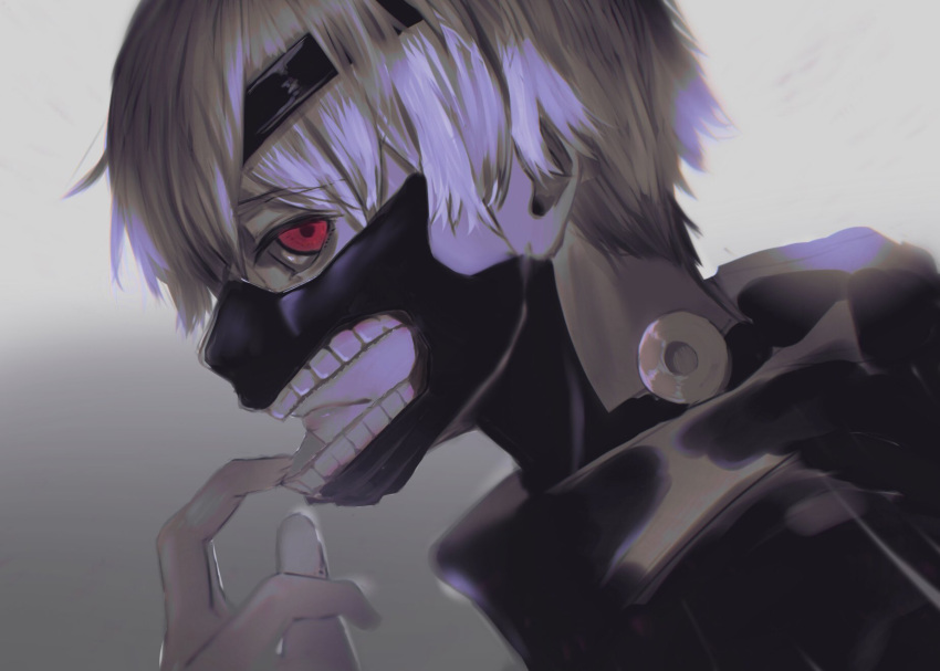 1boy akahara_(akaharaillust) bangs closed_mouth from_side gradient gradient_background grey_background hand_up highres kaneki_ken looking_at_viewer male_focus mask mouth_mask red_eyes shiny shiny_clothes shiny_hair short_hair solo spot_color teeth_print tokyo_ghoul