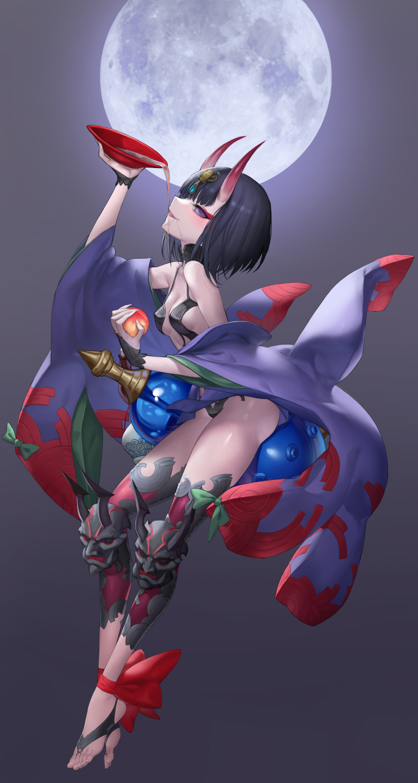 1girl absurdres alcohol ankle_ribbon bangs bare_shoulders barefoot_sandals blush bob_cut breasts cup eyeliner fate/grand_order fate_(series) fengyin_shici_guozi gourd headpiece highres horns japanese_clothes kimono long_sleeves looking_at_viewer makeup oni oni_horns open_mouth purple_hair purple_kimono revealing_clothes ribbon sakazuki sake short_eyebrows short_hair shuten_douji_(fate/grand_order) skin-covered_horns small_breasts smile solo violet_eyes