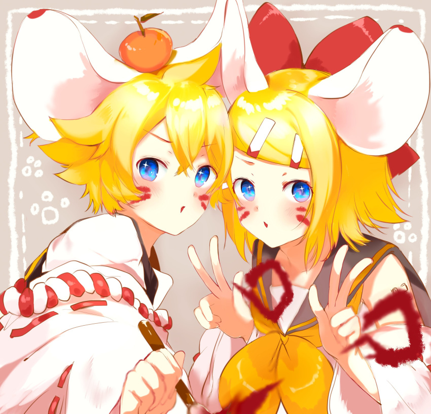 absurdres animal_ears bangs bare_shoulders black_collar blonde_hair blue_eyes bow calligraphy_brush collar commentary detached_sleeves double_w food food_on_head fruit fruit_on_head hair_bow hair_ornament hairclip hands_up head_to_head highres holding_brush japanese_clothes kagamine_len kagamine_rin light_blush looking_at_viewer mandarin_orange medium_hair mouse_ears neckerchief object_on_head open_mouth oyamada_gamata paintbrush paw_print red_bow sailor_collar school_uniform shirt short_ponytail spiky_hair swept_bangs upper_body vocaloid w white_shirt white_sleeves wide_sleeves yellow_neckwear