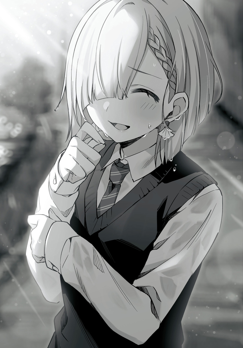 1girl :d blurry blurry_background blush braid closed_eyes collared_shirt earrings greyscale hair_over_one_eye highres jewelry long_sleeves monochrome necktie novel_illustration official_art open_mouth school_uniform seashell_earrings shirt single_braid smile solo standing striped striped_neckwear sunlight tomodachi_no_imouto_ga_ore_ni_dake_uzai upper_body veryberry00 vest wet wet_clothes wet_shirt wing_collar