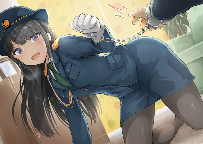 1girl bangs black_hair blue_eyes blue_jacket blush breasts chain chained commentary_request gloves hat highres idolmaster idolmaster_shiny_colors jacket kazano_hiori kneeling long_hair looking_at_viewer mole mole_under_mouth oonaka_ito open_mouth pencil_skirt police police_hat ponytail skirt smile solo_focus white_gloves