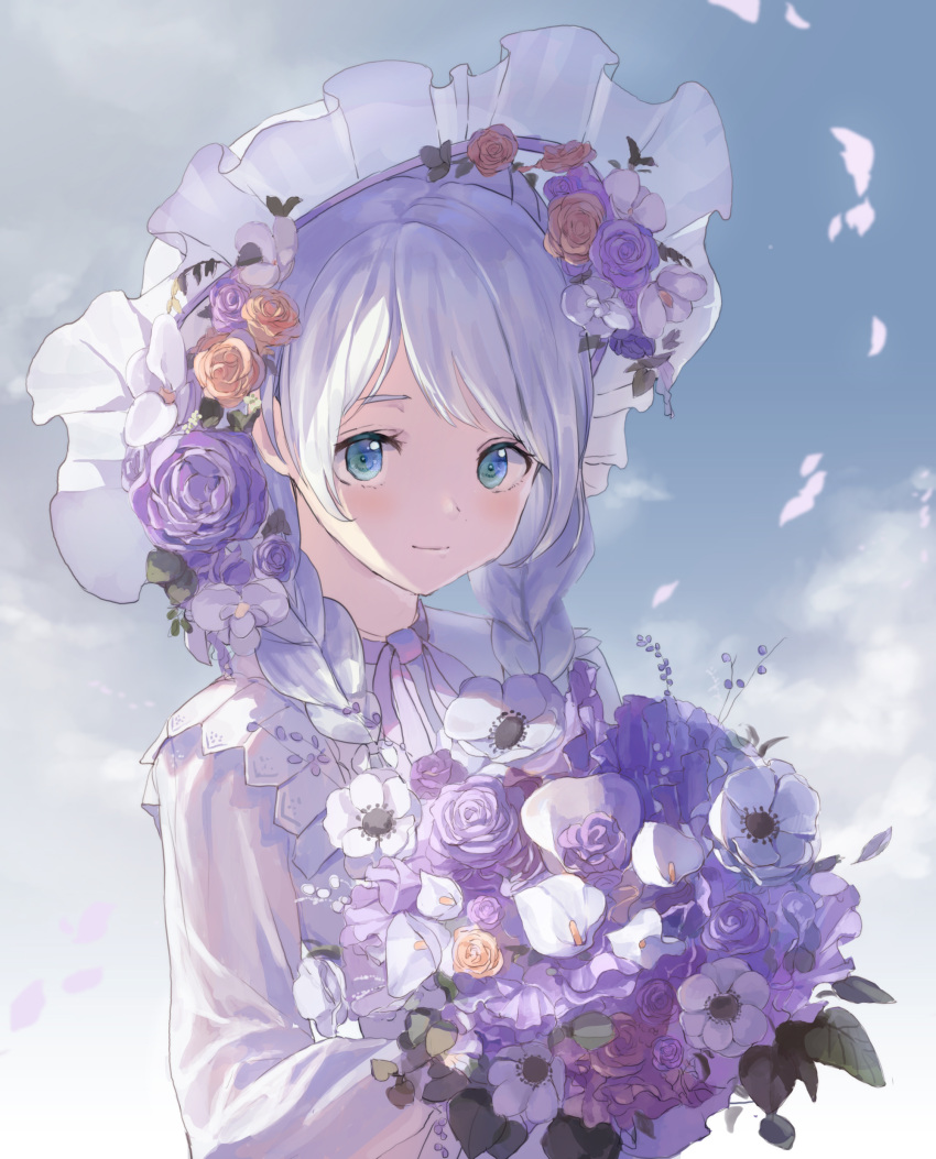 1girl absurdres aqua_eyes bang_dream! bangs bouquet braid commentary_request flower frilled_hat frills hair_flower hair_ornament hat highres holding holding_bouquet long_hair long_sleeves looking_at_viewer neck_ribbon nogi_momoko petals purple_flower red_flower ribbon rose smile solo twin_braids upper_body wakamiya_eve white_flower white_hair white_headwear