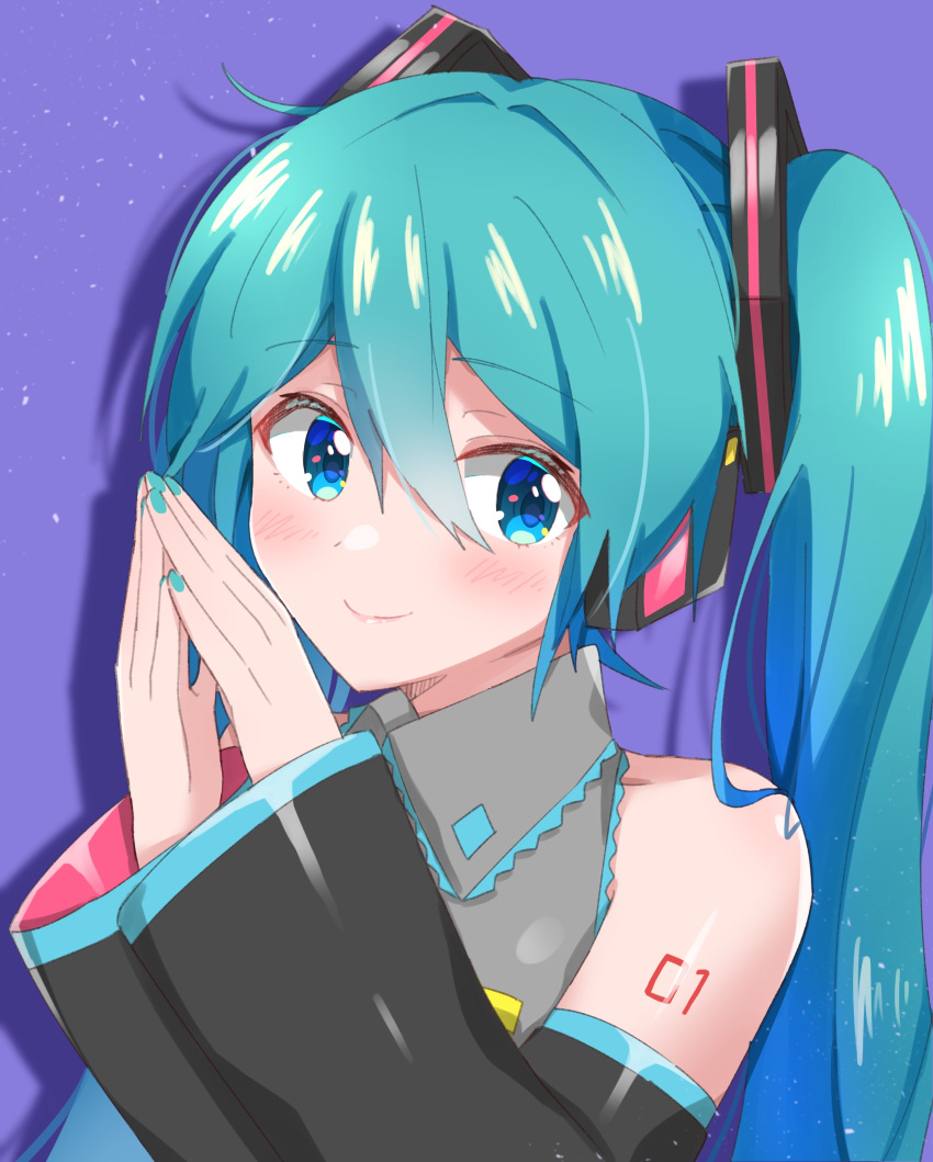 1girl aqua_hair aqua_nails aqua_neckwear bare_shoulders black_sleeves blue_eyes closed_mouth commentary detached_sleeves grey_shirt hair_ornament hands_together hands_up hatsune_miku headphones highres long_hair looking_at_viewer nail_polish necktie purple_background shirt shoulder_tattoo sleeveless sleeveless_shirt smile solo supo01 tattoo twintails upper_body vocaloid