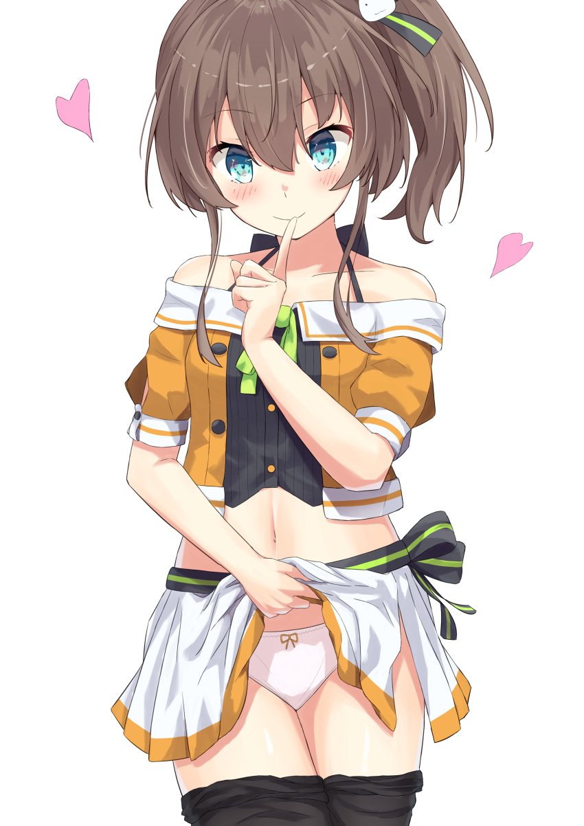 1girl absurdres bangs bare_shoulders blue_eyes bow bow_panties brown_hair buttons closed_mouth collarbone commentary_request crop_top eyebrows_visible_through_hair finger_to_mouth hair_between_eyes head_tilt heart highres hololive legs_together lifted_by_self looking_at_viewer midriff natsuiro_matsuri navel panties pantyhose pantyhose_pull pleated_skirt short_hair side_ponytail sidelocks simple_background skirt skirt_lift smile solo starkamisan underwear virtual_youtuber white_background white_panties white_skirt