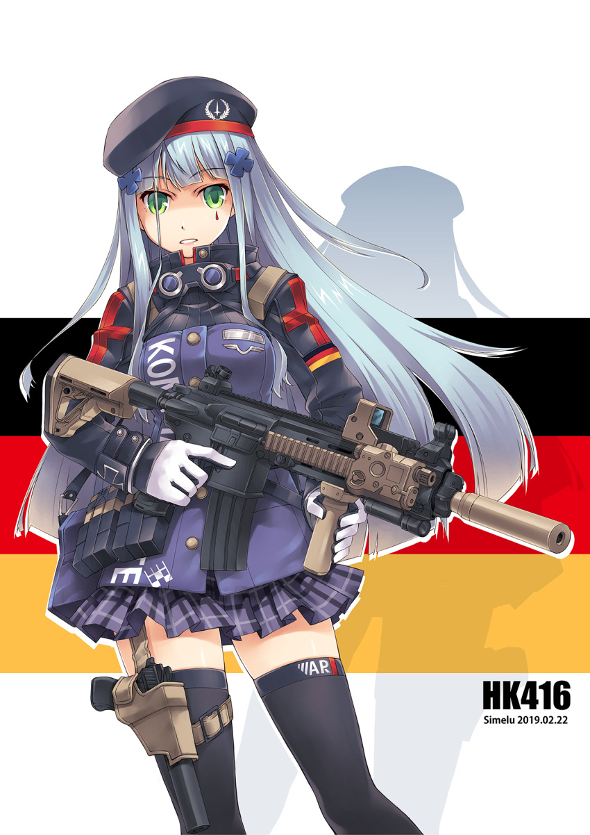 1girl assault_rifle beret black_legwear breasts commentary_request facepaint german_flag girls_frontline gloves green_eyes gun h&amp;k_hk416 hair_ornament hairclip hat highres hk416_(girls_frontline) holding holding_weapon holster iron_cross long_hair magazine_(weapon) medium_breasts military_jacket miniskirt plaid plaid_skirt pleated_skirt rifle silver_hair simelu skindentation skirt solo teardrop thigh-highs very_long_hair weapon