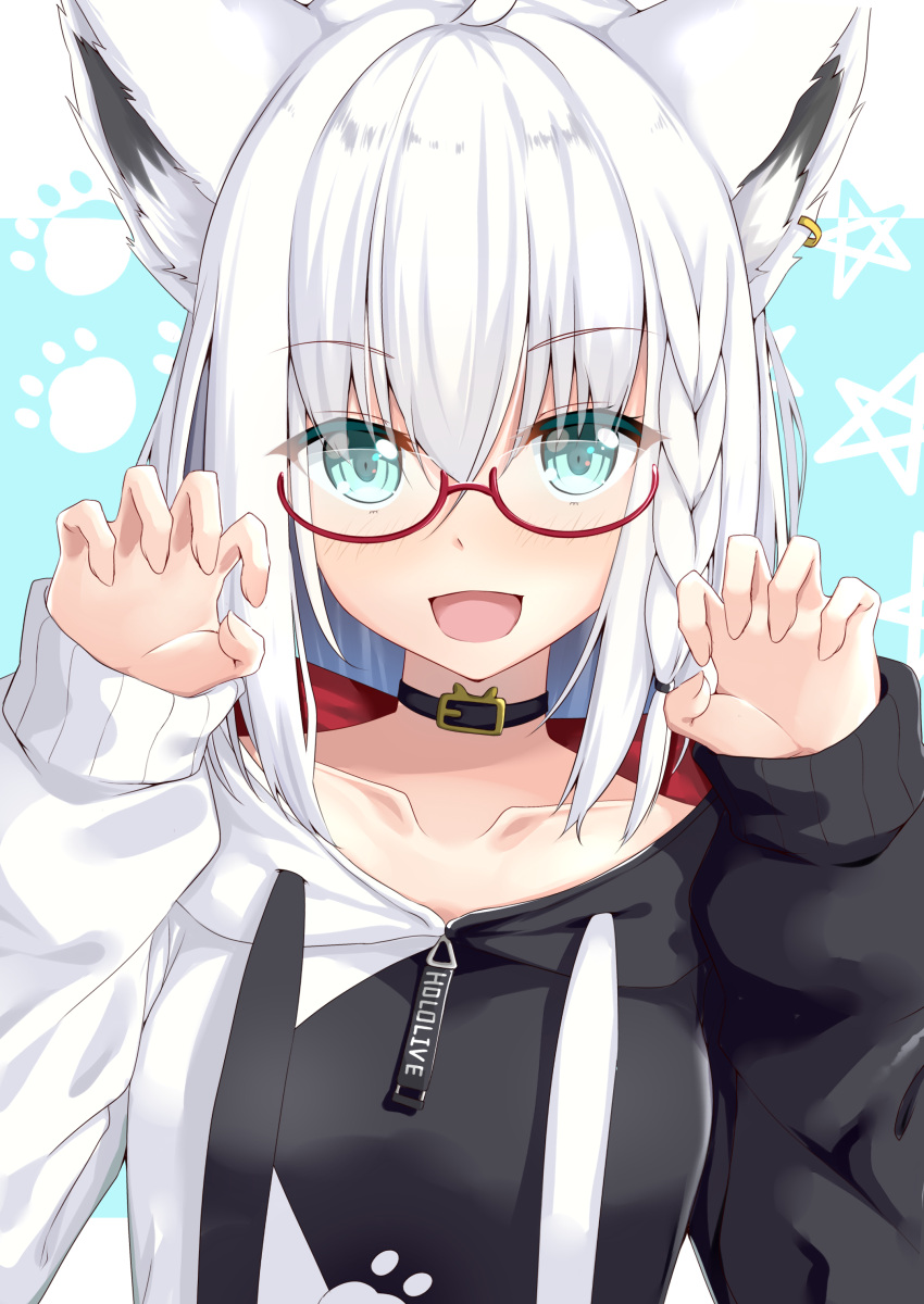 1girl absurdres animal_ear_fluff animal_ears bangs black_choker blue_eyes borumete braid choker claw_pose collarbone commentary_request ear_piercing eyebrows_visible_through_hair fox_ears glasses highres hololive hood hoodie looking_at_viewer multicolored_hair open_mouth piercing shirakami_fubuki sidelocks smile solo streaked_hair virtual_youtuber white_hair