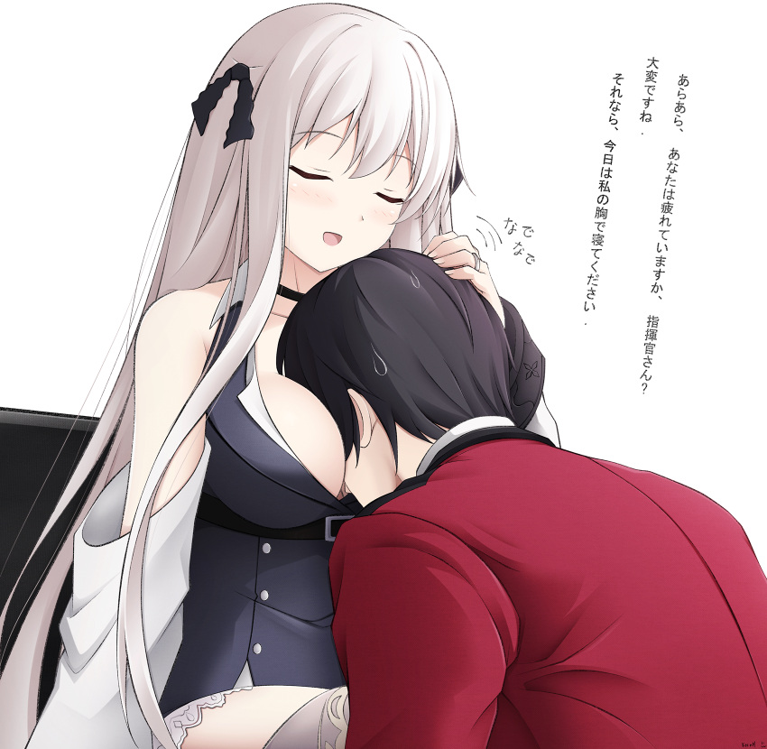 1boy 1girl :d artist_name bangs bare_shoulders between_breasts black_choker black_dress black_hair black_ribbon blush breasts choker closed_eyes collarbone commander_(girls_frontline) commentary dress eyebrows_visible_through_hair fingernails girls_frontline grey_hair grey_legwear hair_ribbon head_between_breasts highres jacket jewelry kar98k_(girls_frontline) keenh long_hair medium_breasts off_shoulder open_mouth petting red_jacket ribbon ring signature sitting sleeveless sleeveless_dress smile sweat thigh-highs translation_request very_long_hair wedding_band