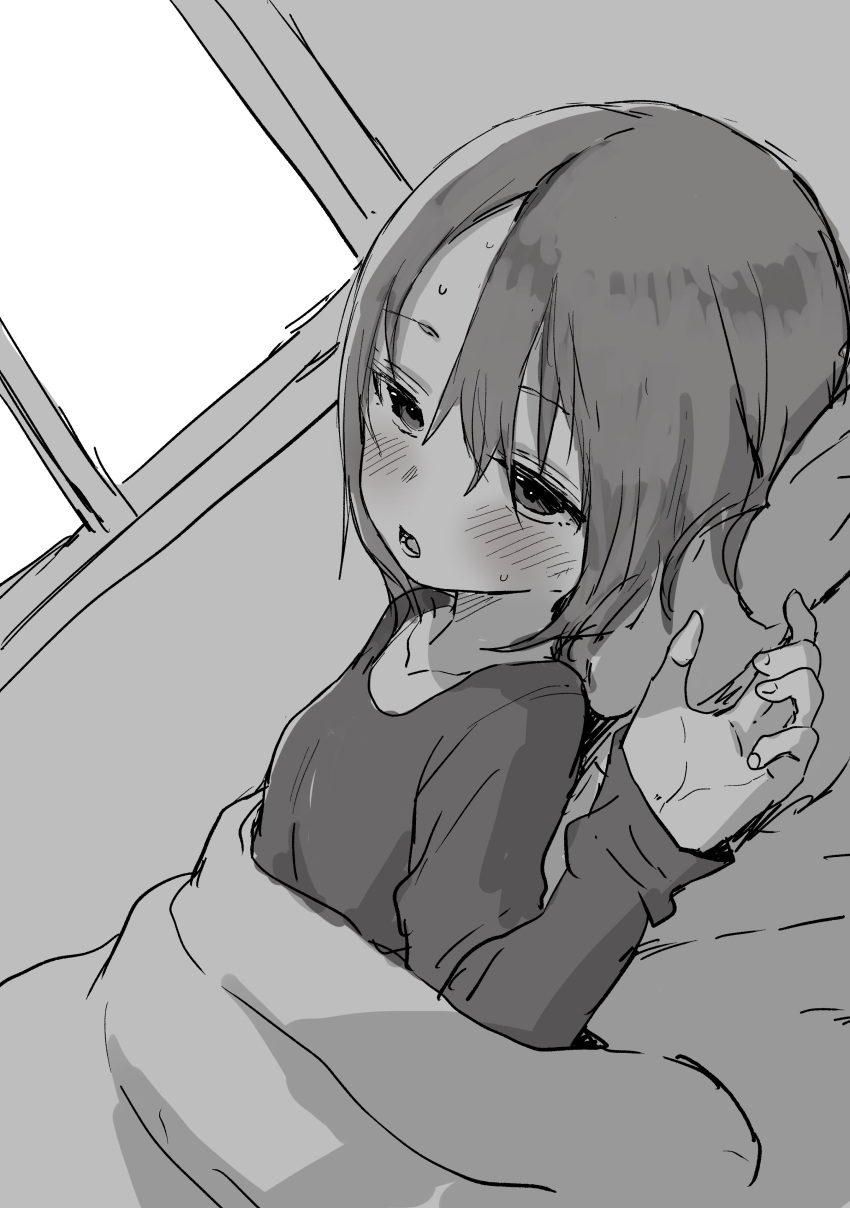 1girl absurdres bangs bed_sheet blush commentary_request dutch_angle eyebrows_visible_through_hair fever greyscale hair_between_eyes highres indoors long_sleeves lying monochrome nose_blush on_back open_mouth original pillow shirt sleeves_past_wrists solo sweat under_covers window yamamoto_souichirou