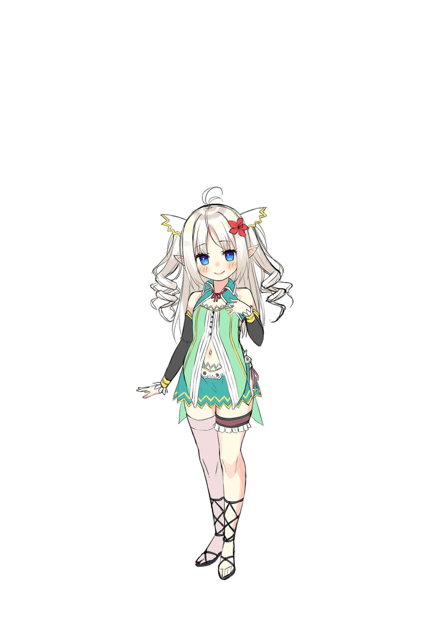 1girl ahoge arm_warmers asa_no_ha bangs bare_shoulders blue_eyes blush elf flower full_body grey_hair hair_flower hair_ornament hand_up highres long_hair looking_at_viewer parted_bangs pointy_ears single_thighhigh sketch solo standing thigh-highs thigh_strap two_side_up white_hair