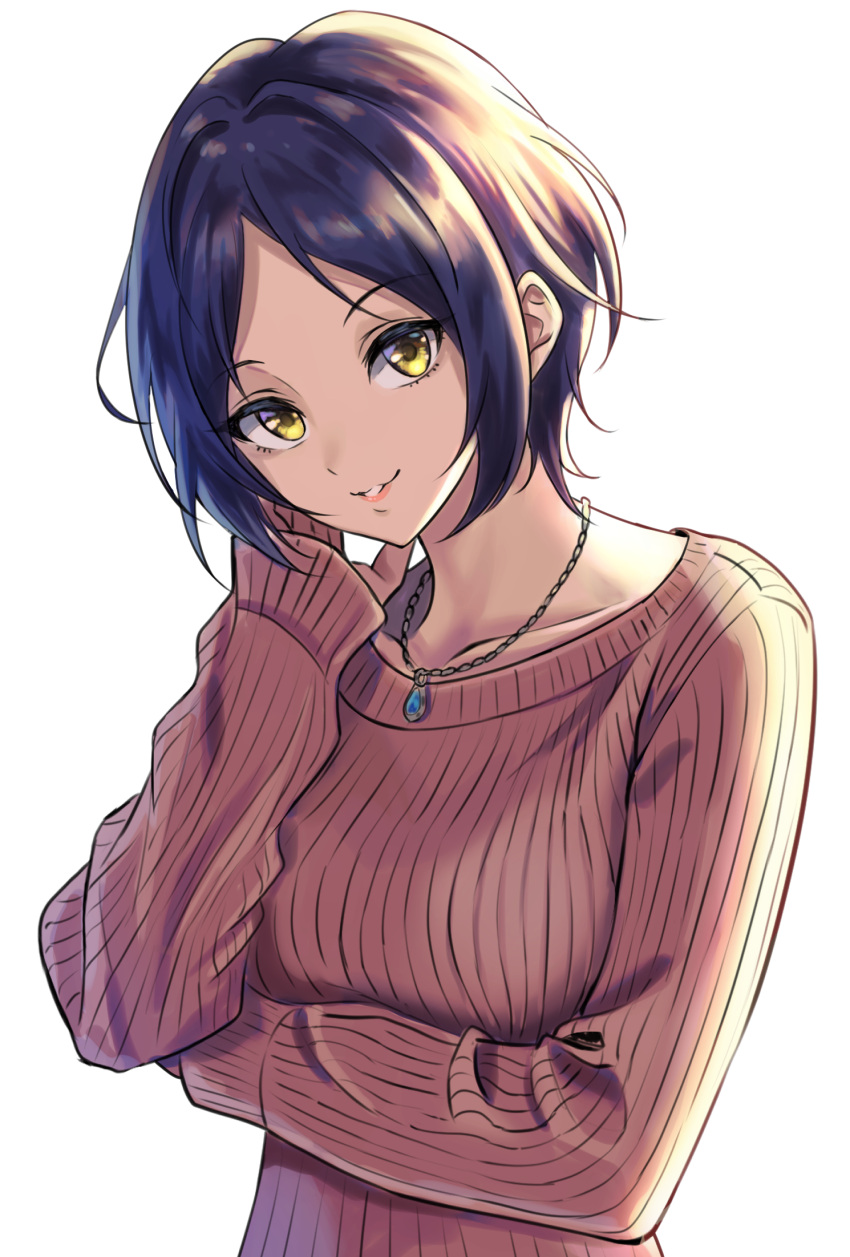 1girl bangs blue_hair brown_sweater collarbone hayami_kanade highres idolmaster idolmaster_cinderella_girls idolmaster_cinderella_girls_starlight_stage jewelry long_sleeves looking_at_viewer necklace parted_bangs parted_lips ribbed_sweater shiny shiny_hair short_hair simple_background smile solo su77sty sweater upper_body white_background yellow_eyes