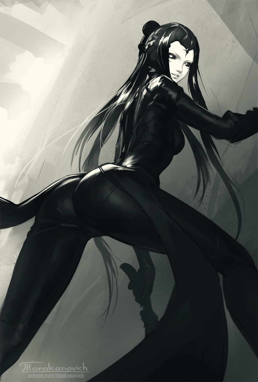 1girl against_wall artist_name ass black_legwear black_sclera blame! hair_ornament highres legs long_hair looking_at_viewer looking_back paid_reward pale_skin patreon_reward patreon_username pcell silicon_creature tarakanovich